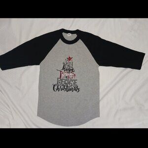 Joy Hope Love Peace Christmas T-Shirt Adult Medium Gray Baseball Long Sleeve